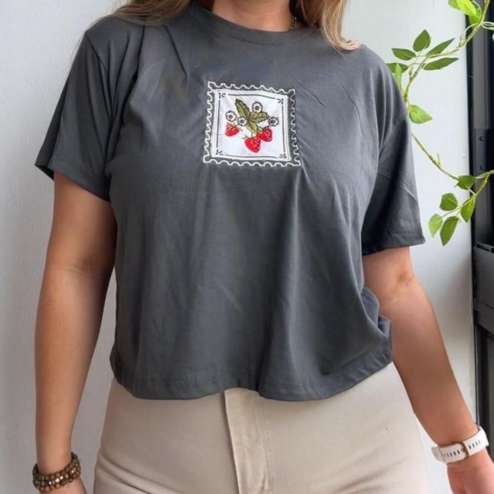 NWT Gray vintage style 90s embroidered strawberry stamp graphic tee